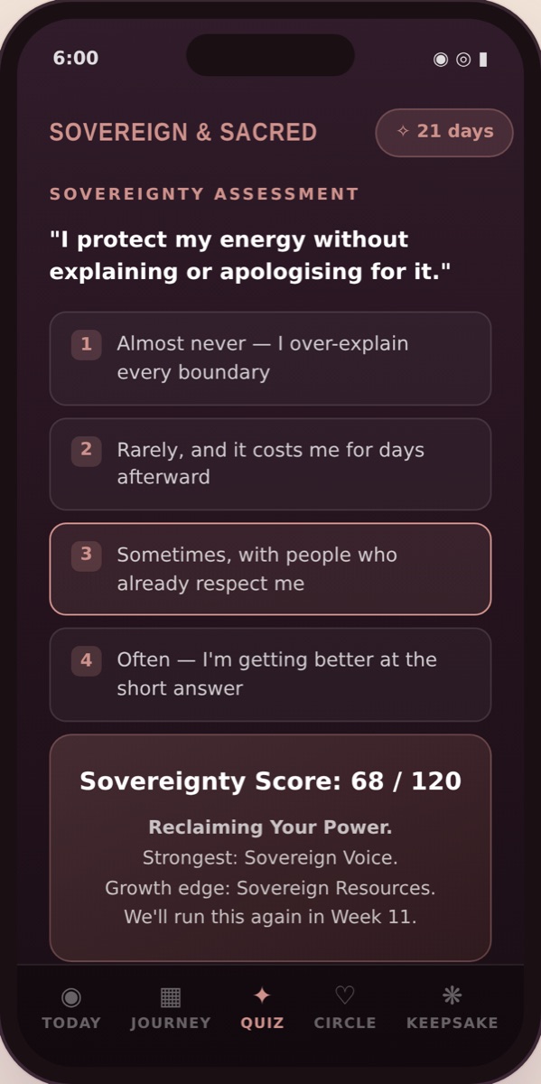 Sovereign & Sacred — Quiz screen